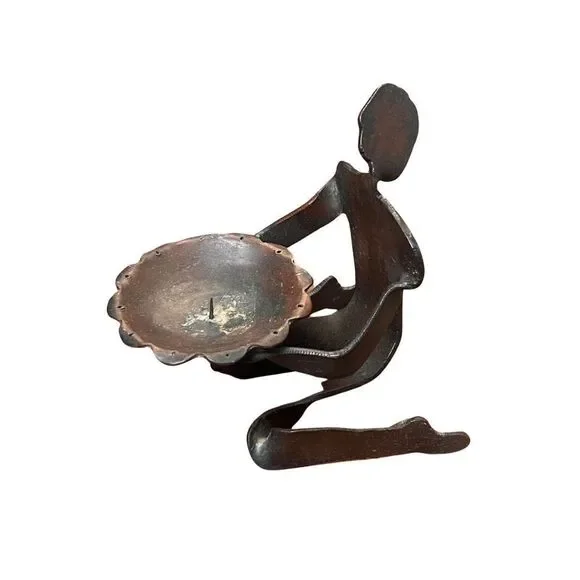 Brutalist Cast Iron Metal Person Sculpted Shaped Candle Holder Display Vtg